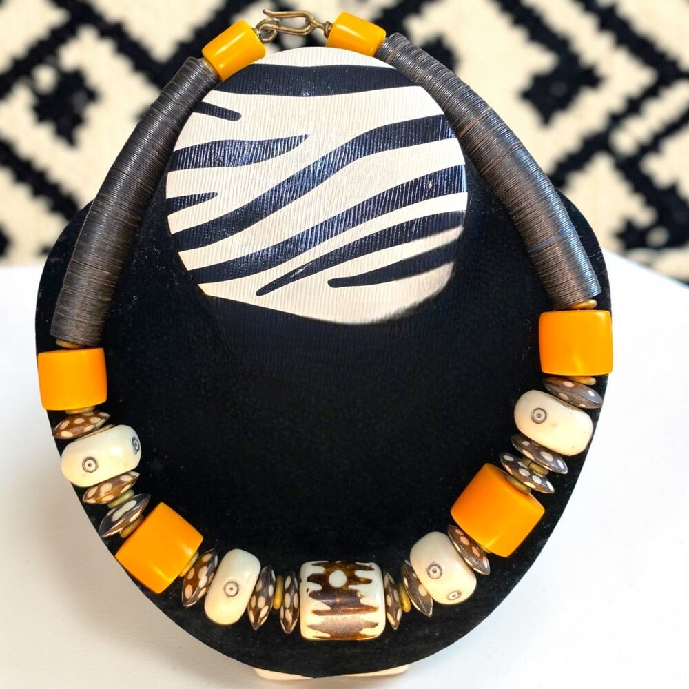Handmade Kenyan Statement Necklace Bakelite & Carved Bovine Bone Brass Accents - Picture 3 of 5